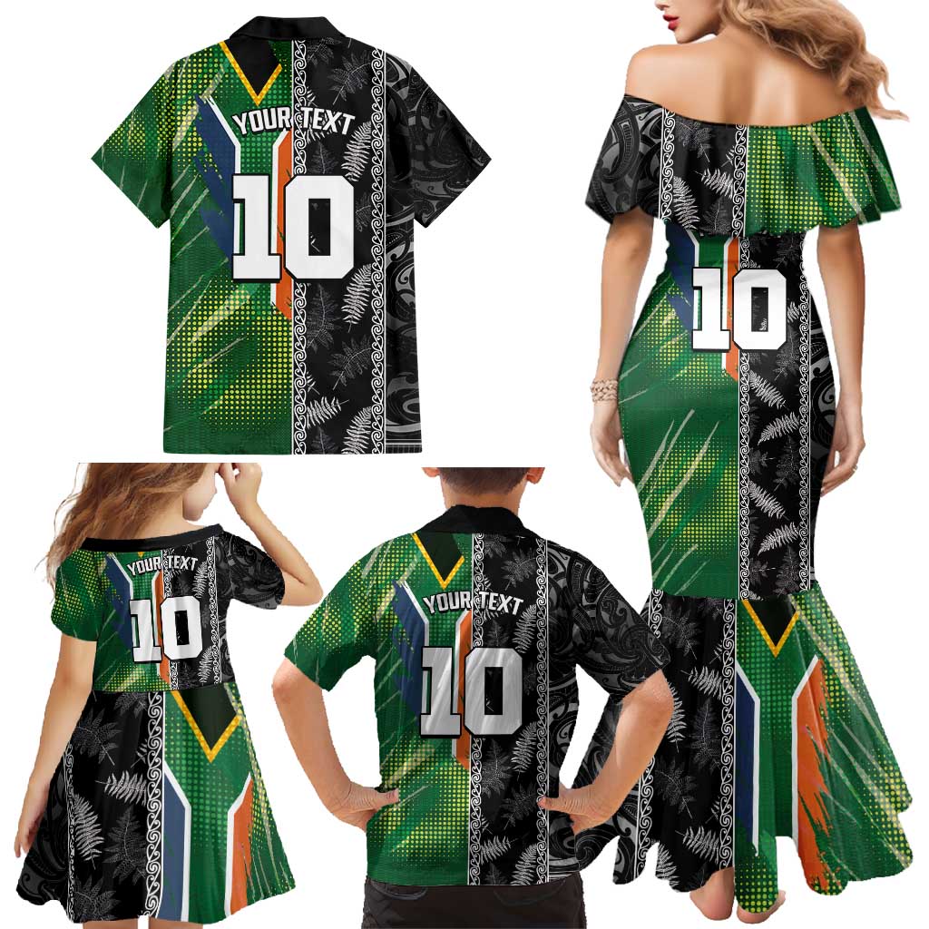 Custom Aotearoa South Africa Rugby Freedom Cup Family Matching Mermaid Dress and Hawaiian Shirt Maori Silver Fern Art and Sporty Flag SA - Wonder Print Shop