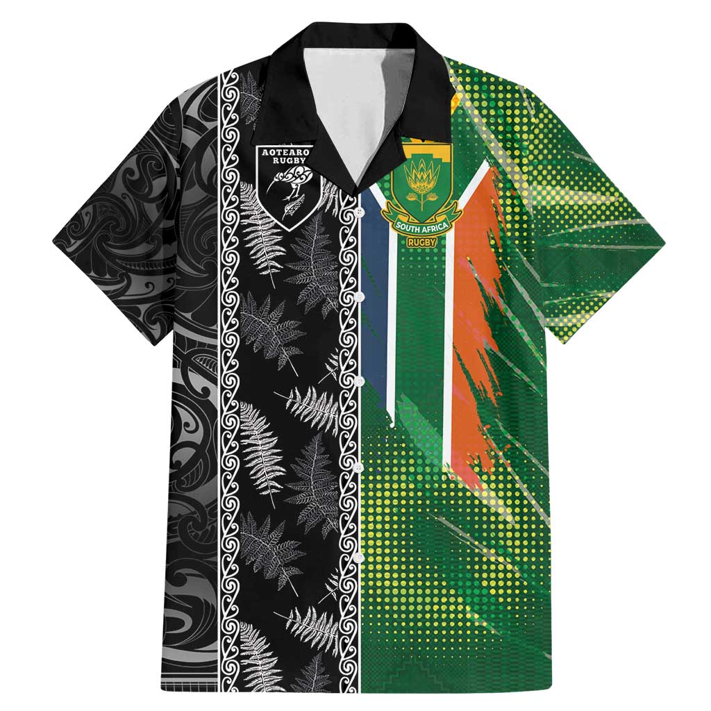 Custom Aotearoa South Africa Rugby Freedom Cup Family Matching Mermaid Dress and Hawaiian Shirt Maori Silver Fern Art and Sporty Flag SA - Wonder Print Shop