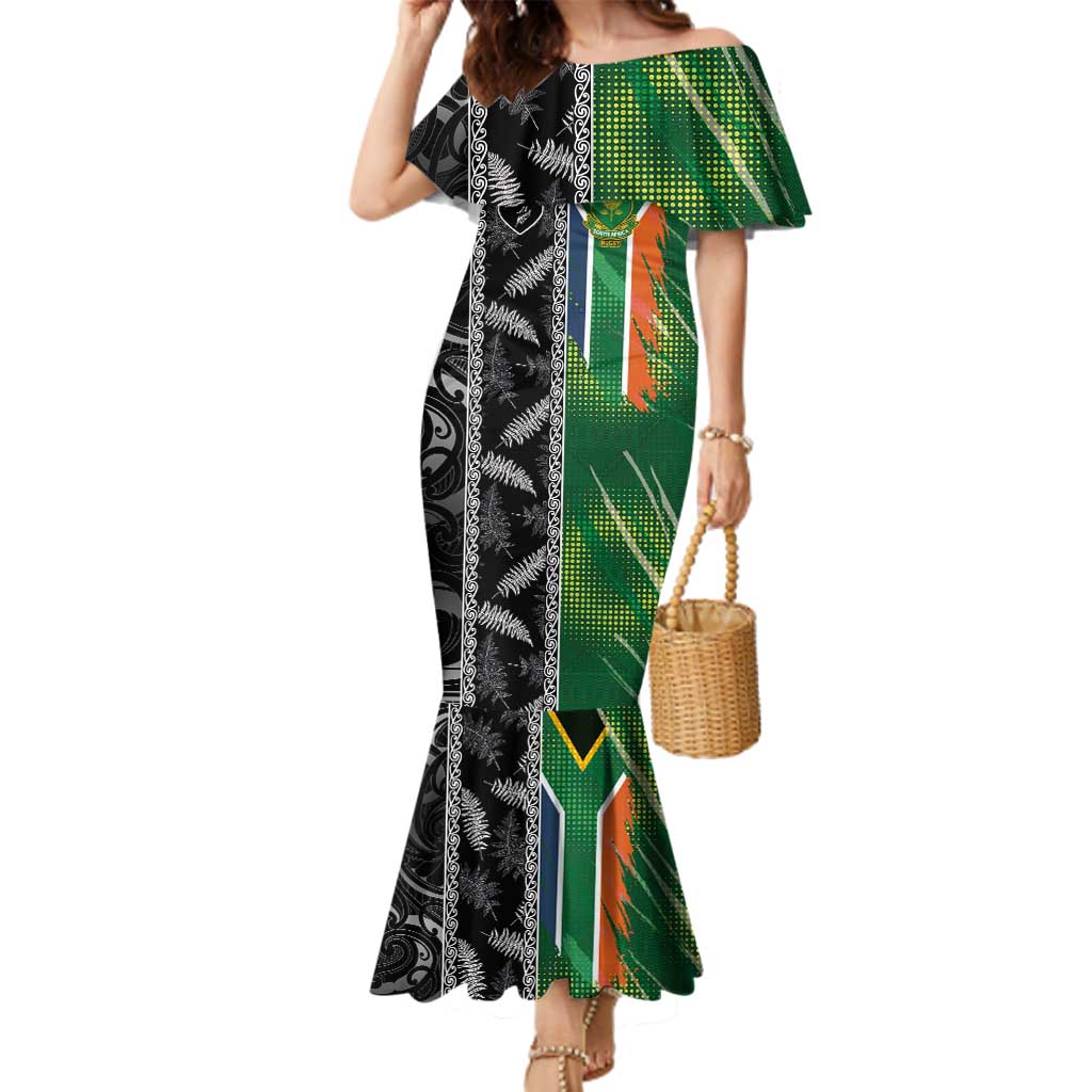 Custom Aotearoa South Africa Rugby Freedom Cup Family Matching Mermaid Dress and Hawaiian Shirt Maori Silver Fern Art and Sporty Flag SA - Wonder Print Shop