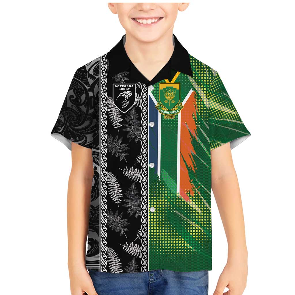 Custom Aotearoa South Africa Rugby Freedom Cup Family Matching Mermaid Dress and Hawaiian Shirt Maori Silver Fern Art and Sporty Flag SA - Wonder Print Shop