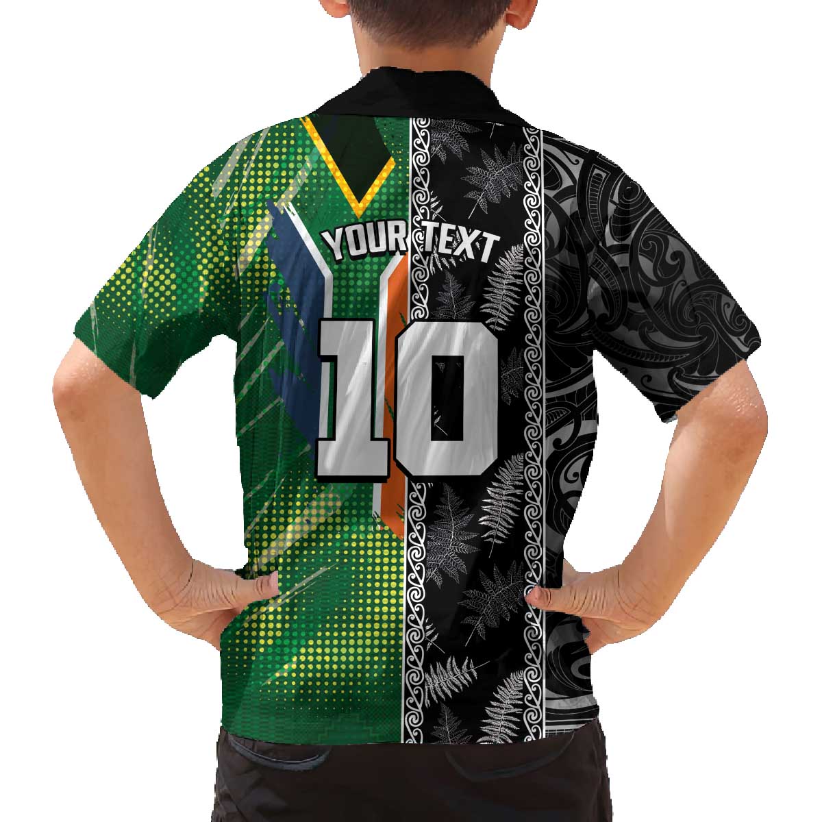 Custom Aotearoa South Africa Rugby Freedom Cup Family Matching Off The Shoulder Long Sleeve Dress and Hawaiian Shirt Maori Silver Fern Art and Sporty Flag SA - Wonder Print Shop