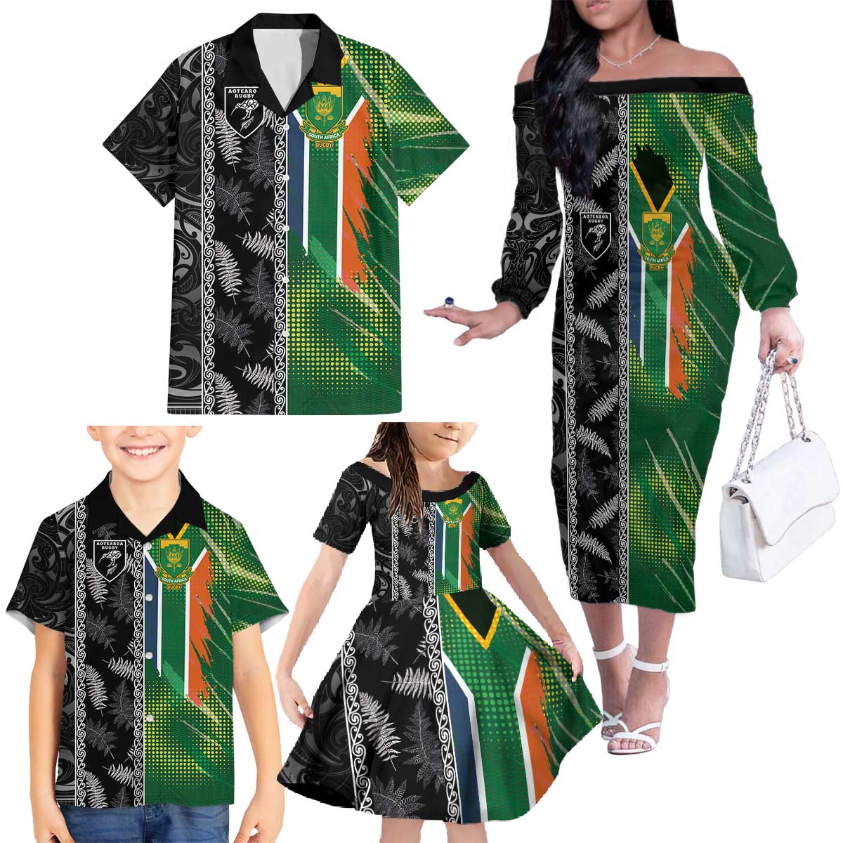 Custom Aotearoa South Africa Rugby Freedom Cup Family Matching Off The Shoulder Long Sleeve Dress and Hawaiian Shirt Maori Silver Fern Art and Sporty Flag SA - Wonder Print Shop