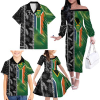 Custom Aotearoa South Africa Rugby Freedom Cup Family Matching Off The Shoulder Long Sleeve Dress and Hawaiian Shirt Maori Silver Fern Art and Sporty Flag SA - Wonder Print Shop