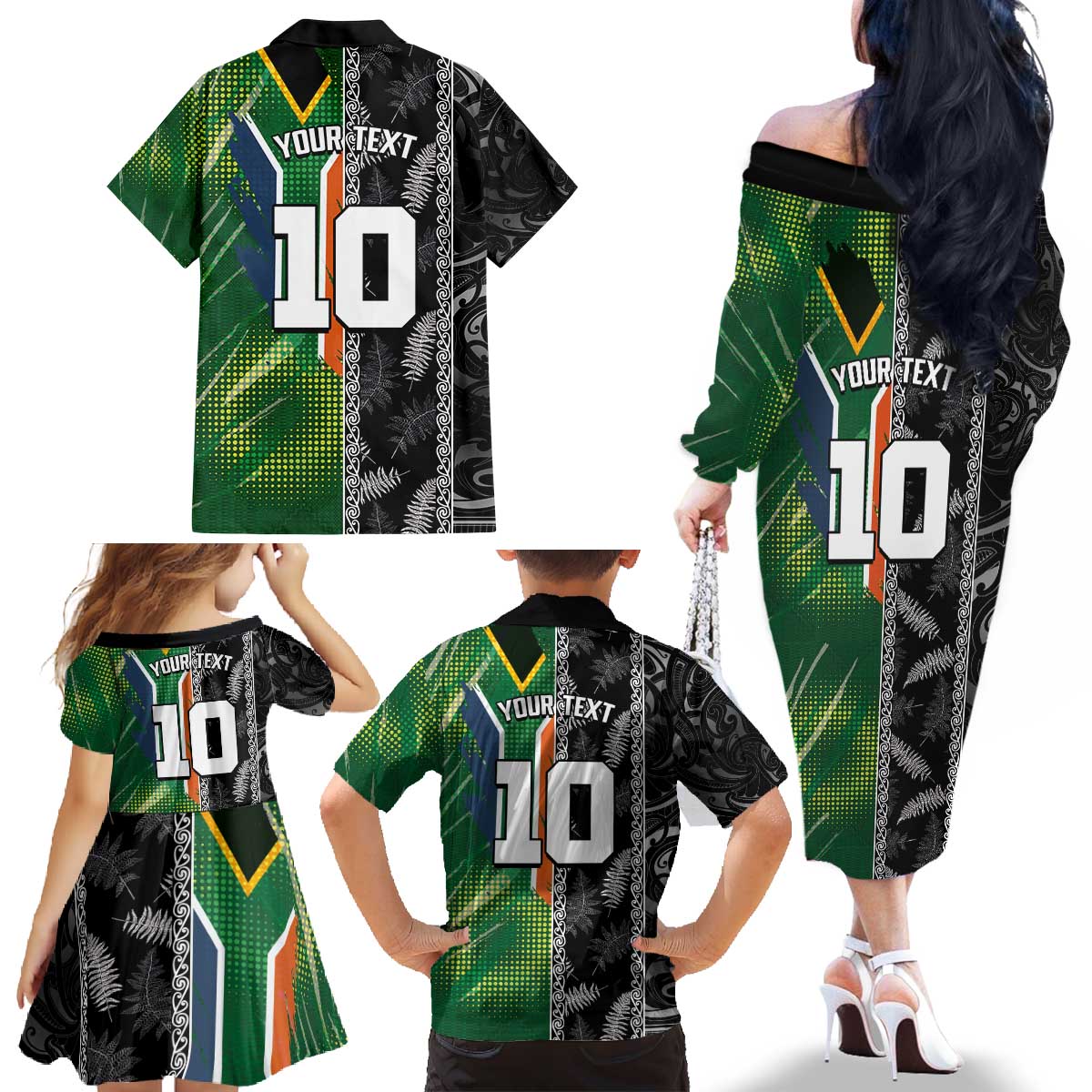 Custom Aotearoa South Africa Rugby Freedom Cup Family Matching Off The Shoulder Long Sleeve Dress and Hawaiian Shirt Maori Silver Fern Art and Sporty Flag SA - Wonder Print Shop