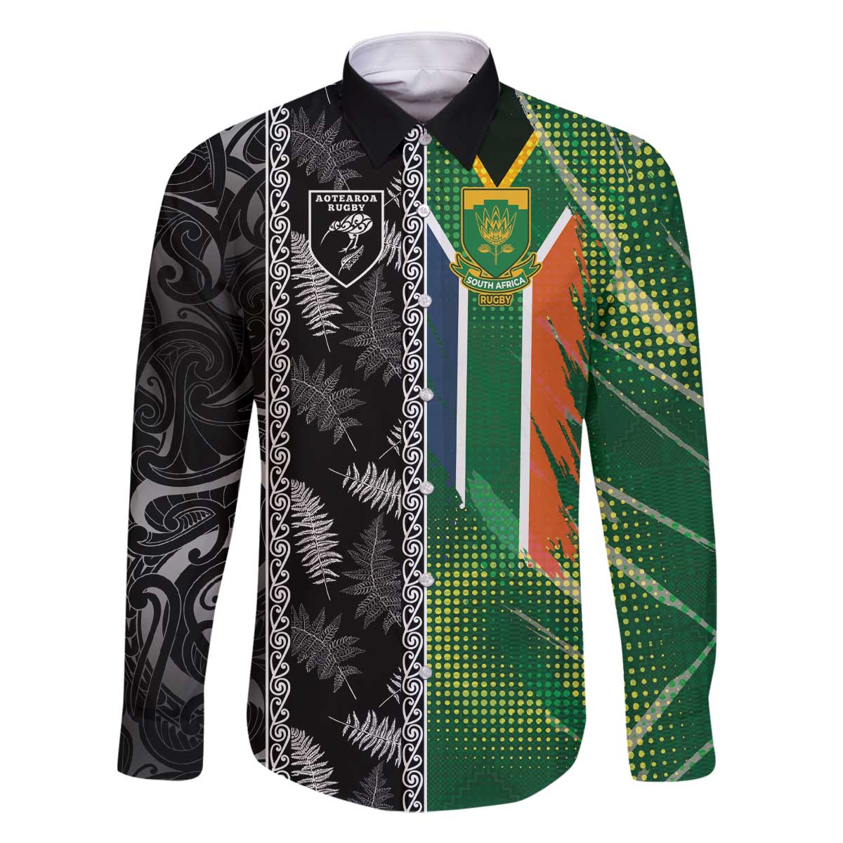 Custom Aotearoa South Africa Rugby Freedom Cup Family Matching Off The Shoulder Long Sleeve Dress and Hawaiian Shirt Maori Silver Fern Art and Sporty Flag SA - Wonder Print Shop