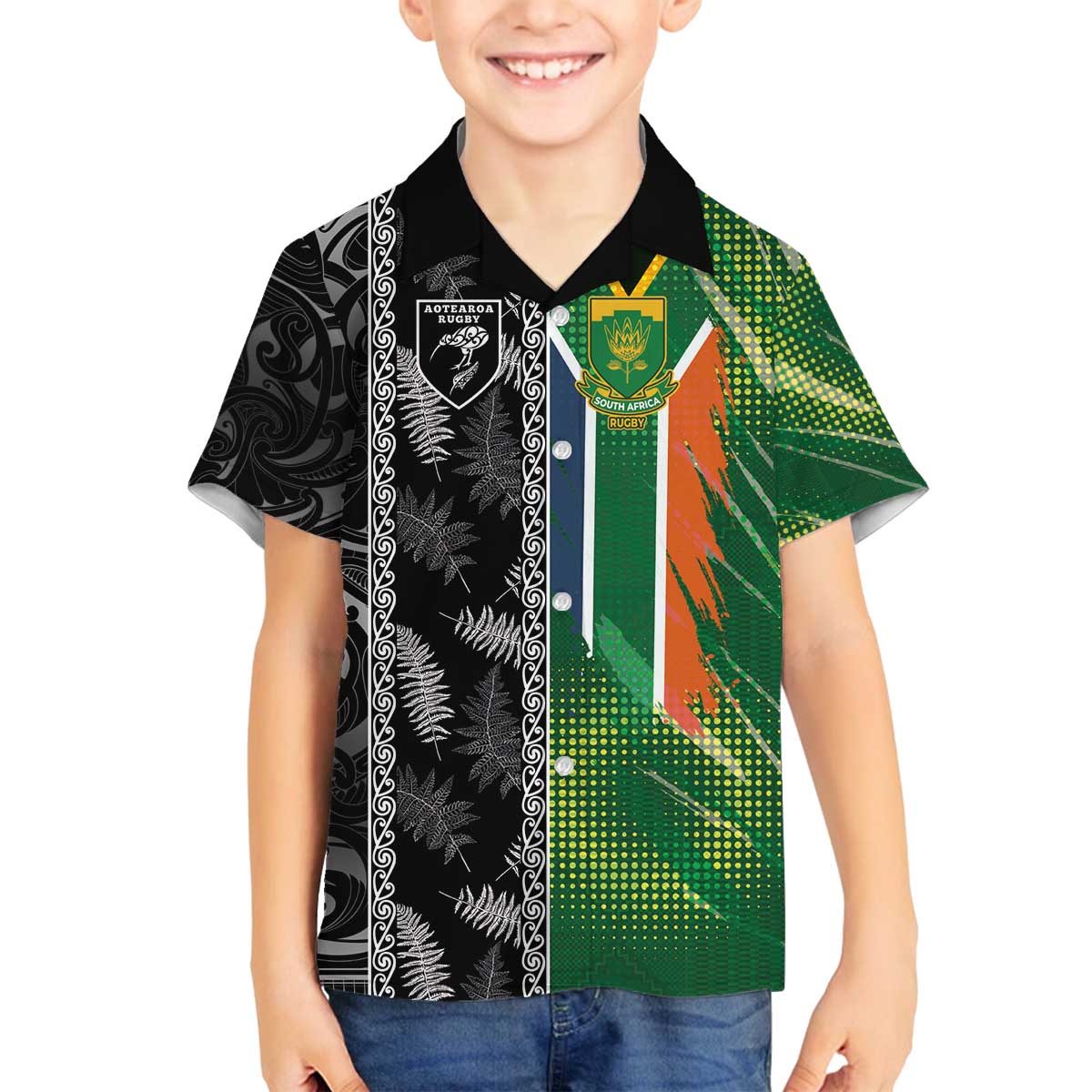 Custom Aotearoa South Africa Rugby Freedom Cup Family Matching Off The Shoulder Long Sleeve Dress and Hawaiian Shirt Maori Silver Fern Art and Sporty Flag SA - Wonder Print Shop