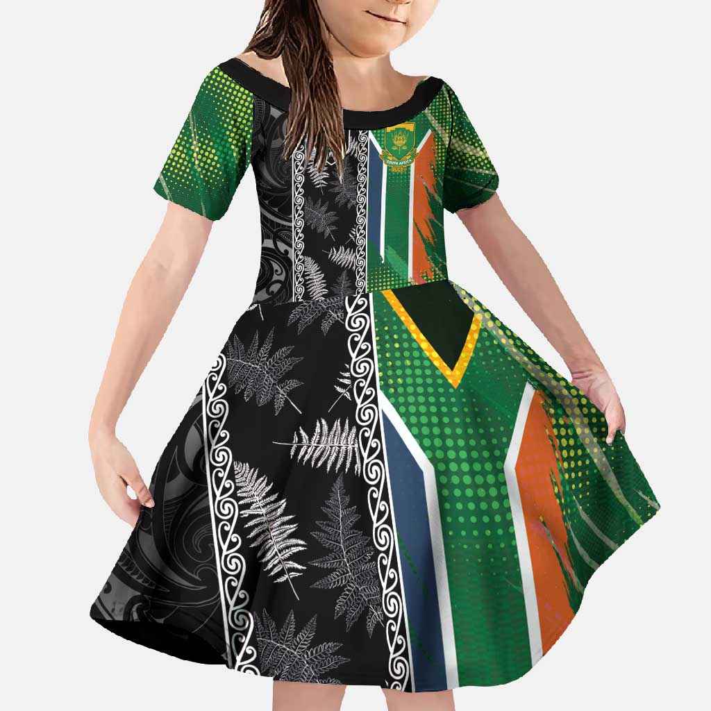 Custom Aotearoa South Africa Rugby Freedom Cup Family Matching Off Shoulder Maxi Dress and Hawaiian Shirt Maori Silver Fern Art and Sporty Flag SA - Wonder Print Shop