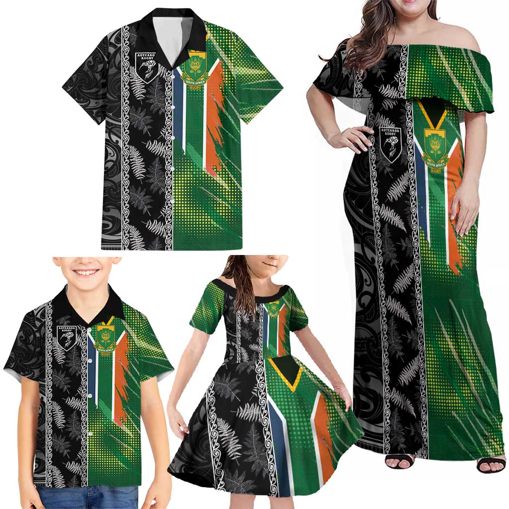 Custom Aotearoa South Africa Rugby Freedom Cup Family Matching Off Shoulder Maxi Dress and Hawaiian Shirt Maori Silver Fern Art and Sporty Flag SA - Wonder Print Shop
