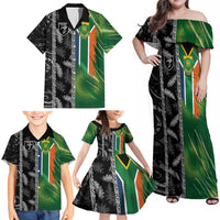 Custom Aotearoa South Africa Rugby Freedom Cup Family Matching Off Shoulder Maxi Dress and Hawaiian Shirt Maori Silver Fern Art and Sporty Flag SA - Wonder Print Shop