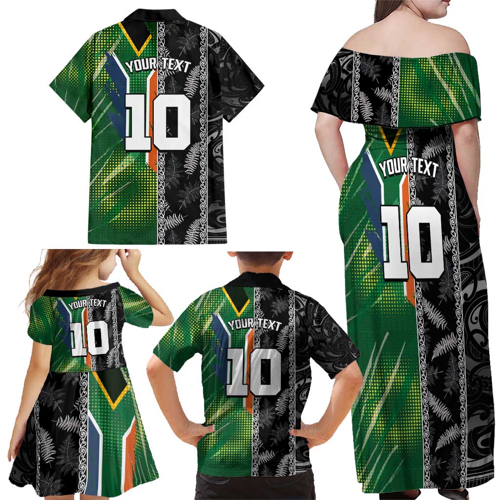 Custom Aotearoa South Africa Rugby Freedom Cup Family Matching Off Shoulder Maxi Dress and Hawaiian Shirt Maori Silver Fern Art and Sporty Flag SA - Wonder Print Shop