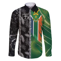 Custom Aotearoa South Africa Rugby Freedom Cup Family Matching Off Shoulder Maxi Dress and Hawaiian Shirt Maori Silver Fern Art and Sporty Flag SA - Wonder Print Shop