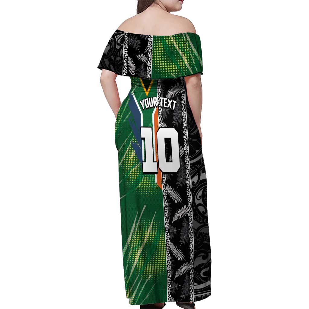 Custom Aotearoa South Africa Rugby Freedom Cup Family Matching Off Shoulder Maxi Dress and Hawaiian Shirt Maori Silver Fern Art and Sporty Flag SA - Wonder Print Shop