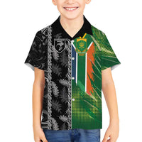 Custom Aotearoa South Africa Rugby Freedom Cup Family Matching Off Shoulder Maxi Dress and Hawaiian Shirt Maori Silver Fern Art and Sporty Flag SA - Wonder Print Shop