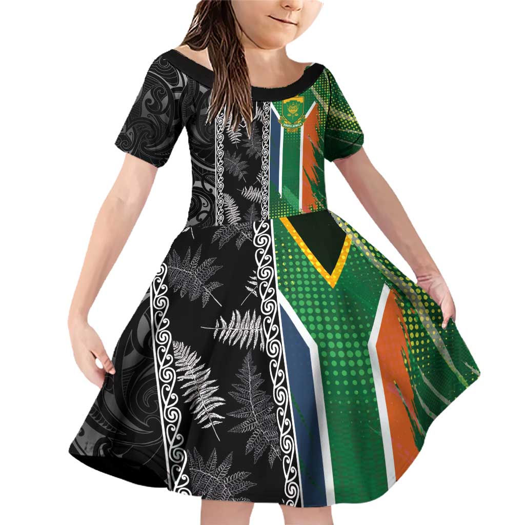 Custom Aotearoa South Africa Rugby Freedom Cup Family Matching Off Shoulder Short Dress and Hawaiian Shirt Maori Silver Fern Art and Sporty Flag SA - Wonder Print Shop