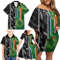 Custom Aotearoa South Africa Rugby Freedom Cup Family Matching Off Shoulder Short Dress and Hawaiian Shirt Maori Silver Fern Art and Sporty Flag SA - Wonder Print Shop