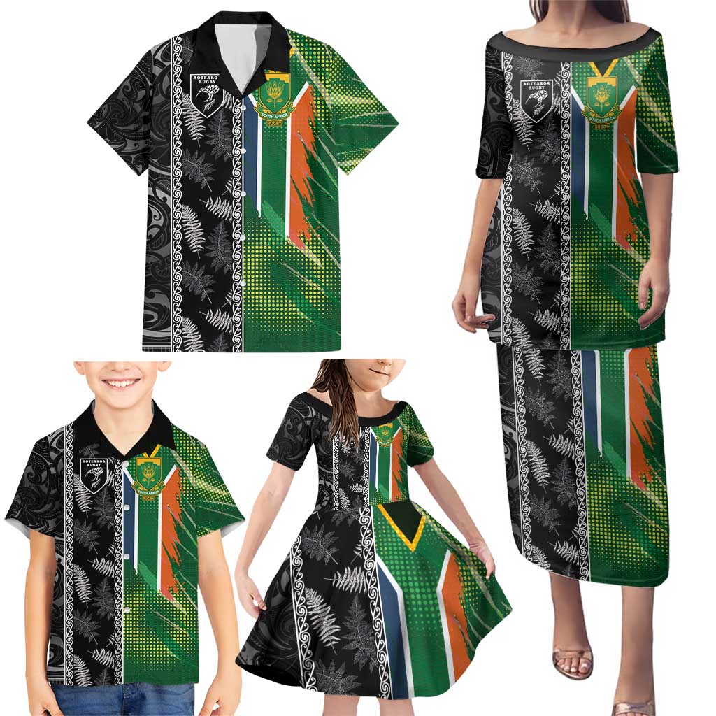 Custom Aotearoa South Africa Rugby Freedom Cup Family Matching Puletasi and Hawaiian Shirt Maori Silver Fern Art and Sporty Flag SA - Wonder Print Shop