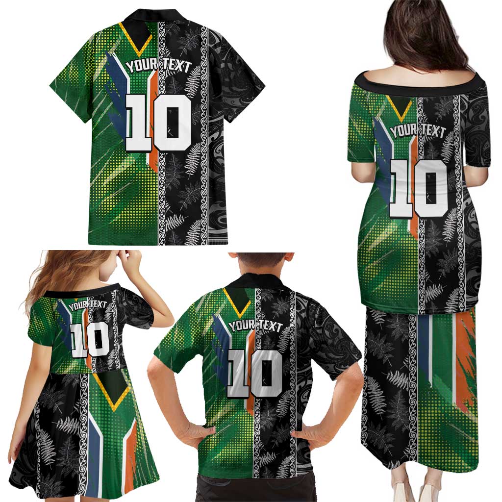 Custom Aotearoa South Africa Rugby Freedom Cup Family Matching Puletasi and Hawaiian Shirt Maori Silver Fern Art and Sporty Flag SA - Wonder Print Shop