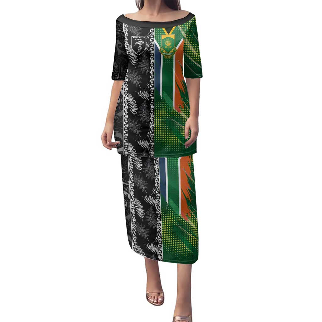 Custom Aotearoa South Africa Rugby Freedom Cup Family Matching Puletasi and Hawaiian Shirt Maori Silver Fern Art and Sporty Flag SA - Wonder Print Shop