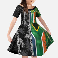 Custom Aotearoa South Africa Rugby Freedom Cup Family Matching Short Sleeve Bodycon Dress and Hawaiian Shirt Maori Silver Fern Art and Sporty Flag SA - Wonder Print Shop