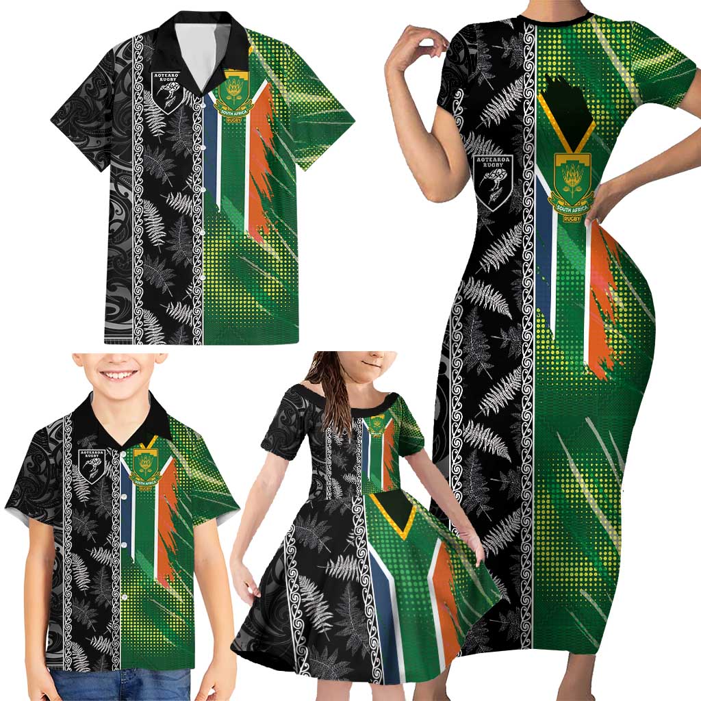 Custom Aotearoa South Africa Rugby Freedom Cup Family Matching Short Sleeve Bodycon Dress and Hawaiian Shirt Maori Silver Fern Art and Sporty Flag SA - Wonder Print Shop