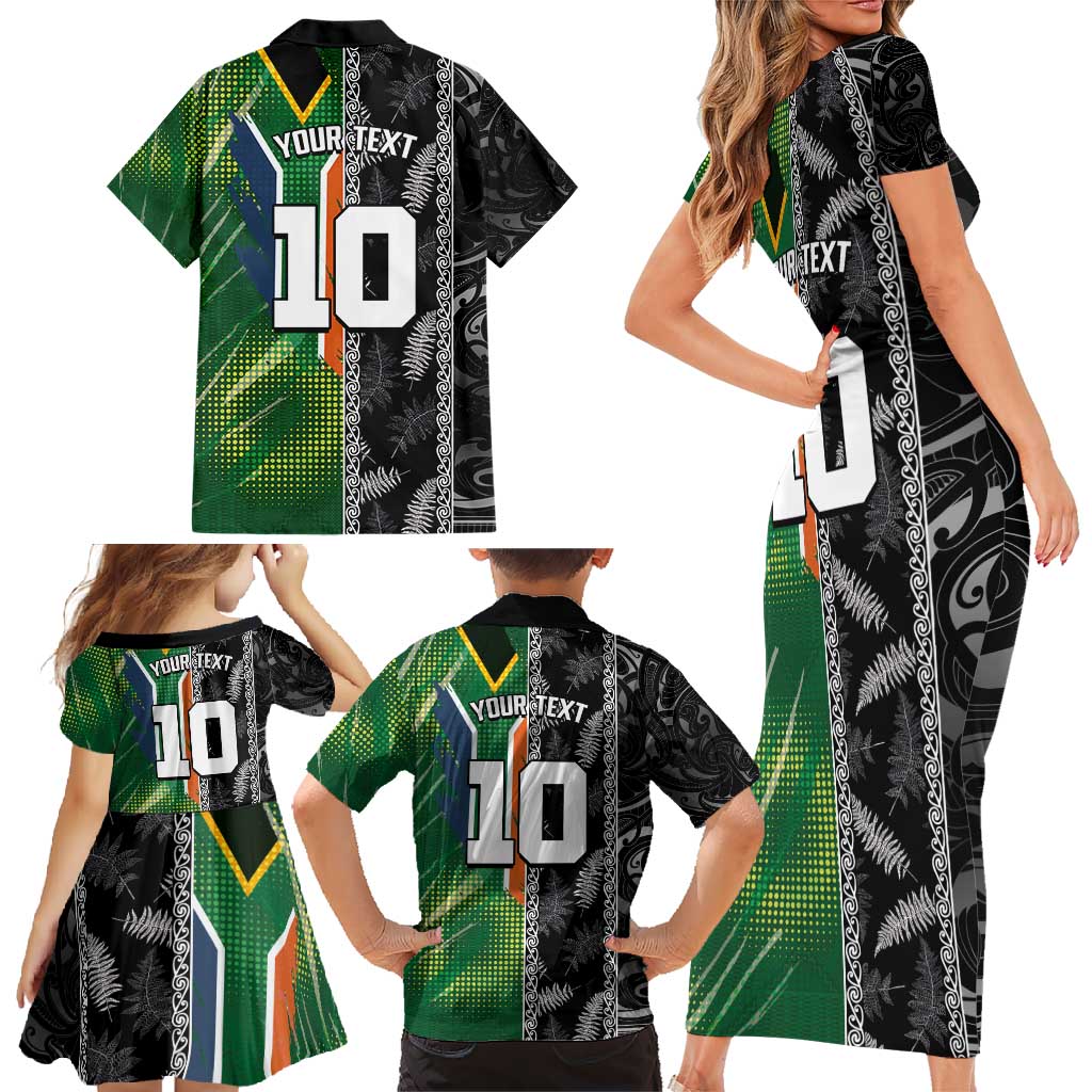 Custom Aotearoa South Africa Rugby Freedom Cup Family Matching Short Sleeve Bodycon Dress and Hawaiian Shirt Maori Silver Fern Art and Sporty Flag SA - Wonder Print Shop