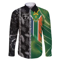 Custom Aotearoa South Africa Rugby Freedom Cup Family Matching Short Sleeve Bodycon Dress and Hawaiian Shirt Maori Silver Fern Art and Sporty Flag SA - Wonder Print Shop