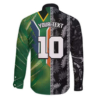 Custom Aotearoa South Africa Rugby Freedom Cup Family Matching Short Sleeve Bodycon Dress and Hawaiian Shirt Maori Silver Fern Art and Sporty Flag SA - Wonder Print Shop