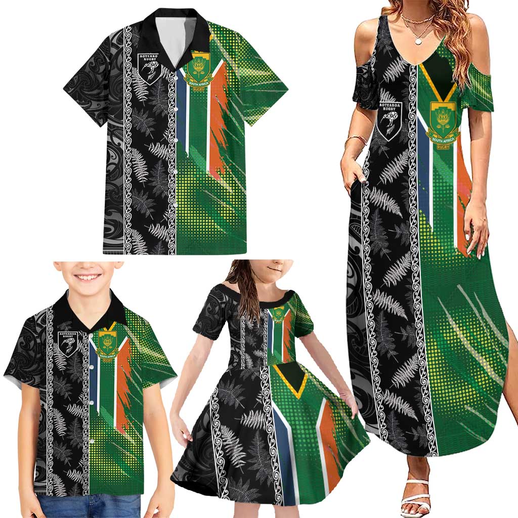 Custom Aotearoa South Africa Rugby Freedom Cup Family Matching Summer Maxi Dress and Hawaiian Shirt Maori Silver Fern Art and Sporty Flag SA - Wonder Print Shop
