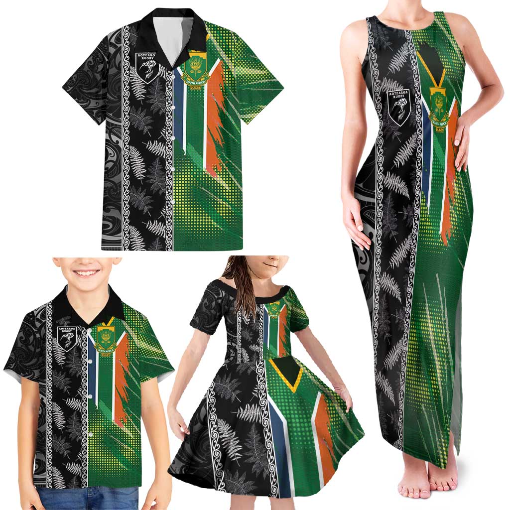 Custom Aotearoa South Africa Rugby Freedom Cup Family Matching Tank Maxi Dress and Hawaiian Shirt Maori Silver Fern Art and Sporty Flag SA - Wonder Print Shop