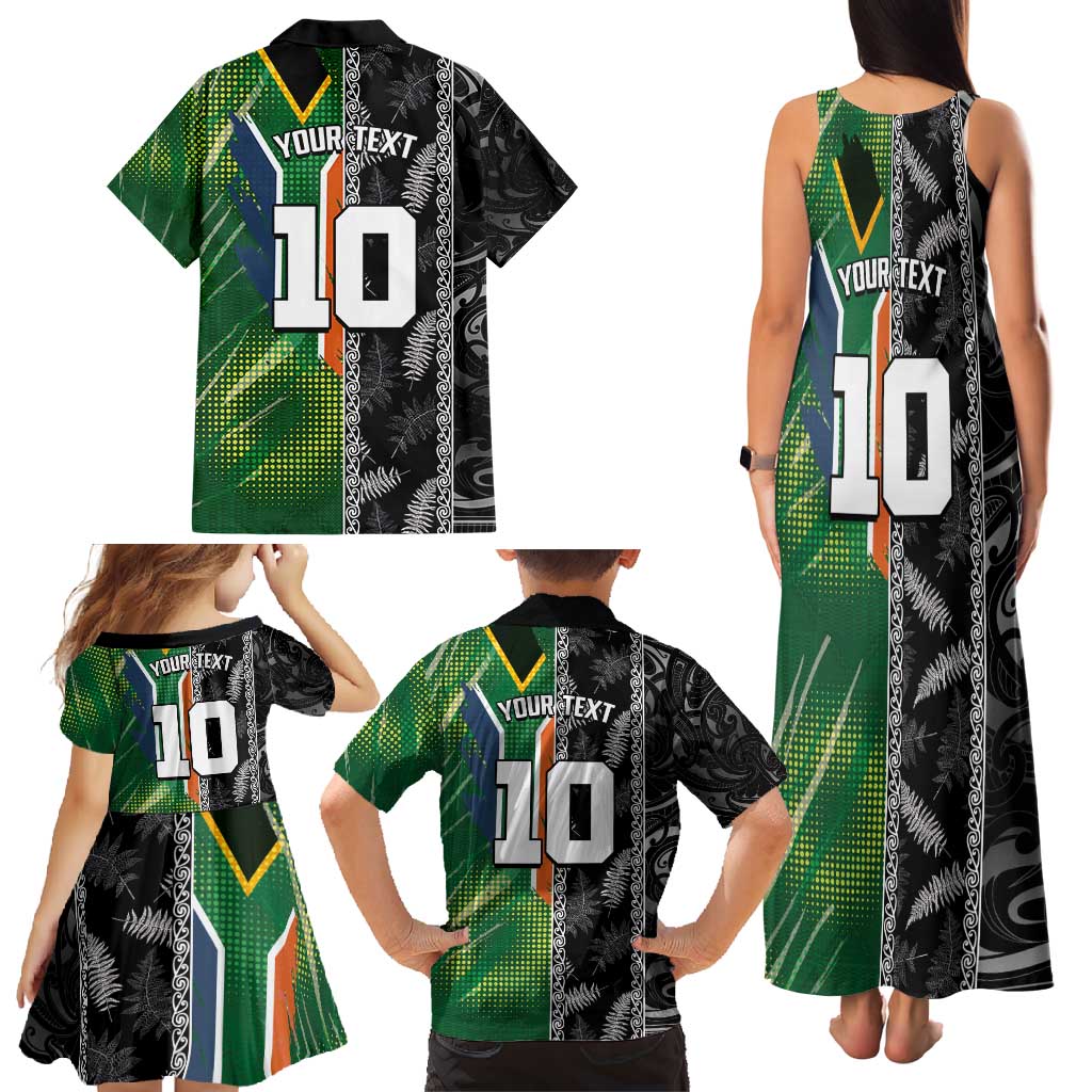 Custom Aotearoa South Africa Rugby Freedom Cup Family Matching Tank Maxi Dress and Hawaiian Shirt Maori Silver Fern Art and Sporty Flag SA - Wonder Print Shop