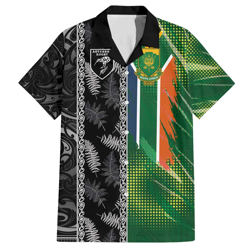 Custom Aotearoa South Africa Rugby Freedom Cup Hawaiian Shirt Maori Silver Fern Art and Sporty Flag SA - Wonder Print Shop