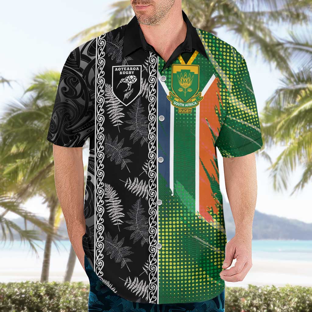 Custom Aotearoa South Africa Rugby Freedom Cup Hawaiian Shirt Maori Silver Fern Art and Sporty Flag SA - Wonder Print Shop