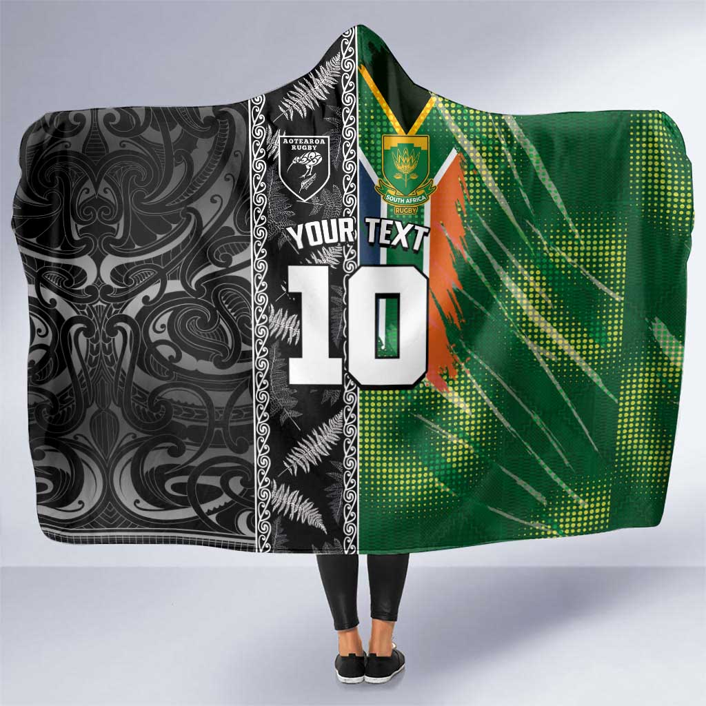 Custom Aotearoa South Africa Rugby Freedom Cup Hooded Blanket Maori Silver Fern Art and Sporty Flag SA - Wonder Print Shop