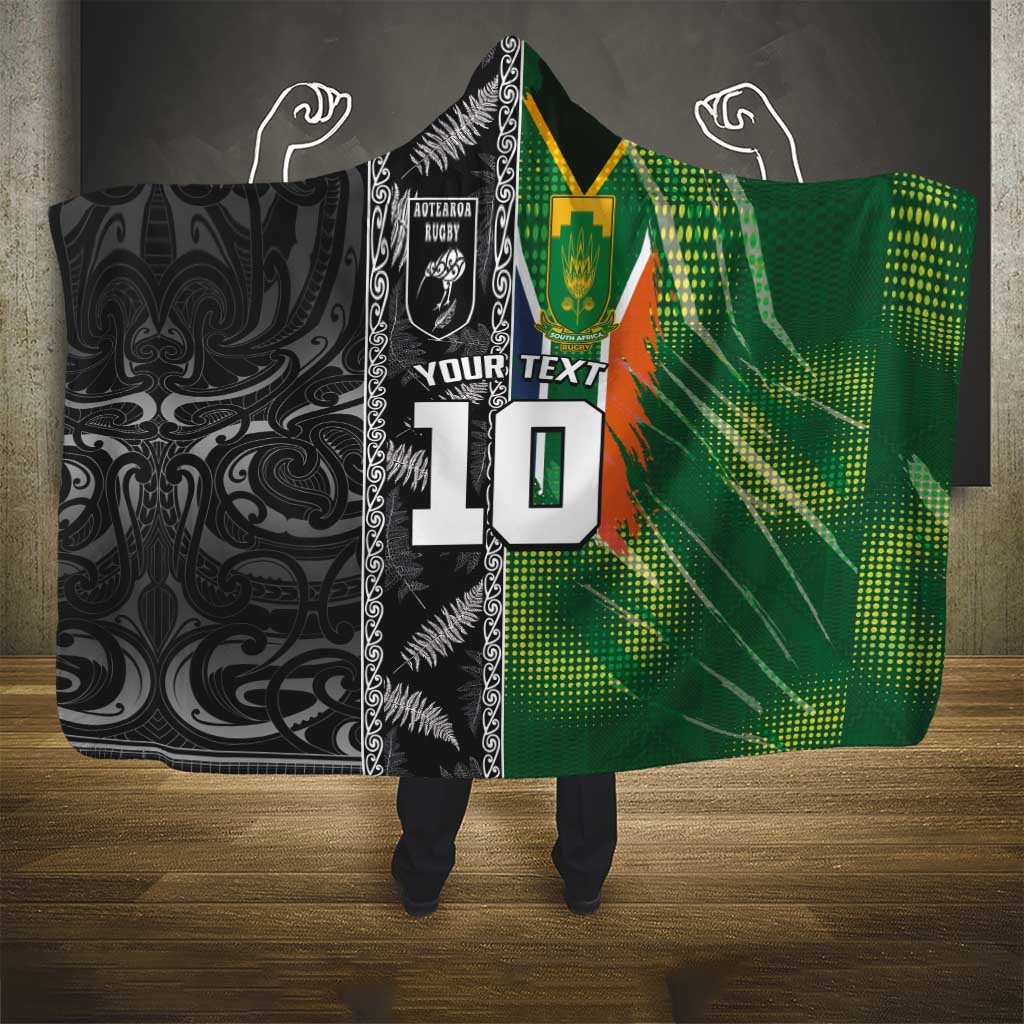 Custom Aotearoa South Africa Rugby Freedom Cup Hooded Blanket Maori Silver Fern Art and Sporty Flag SA - Wonder Print Shop