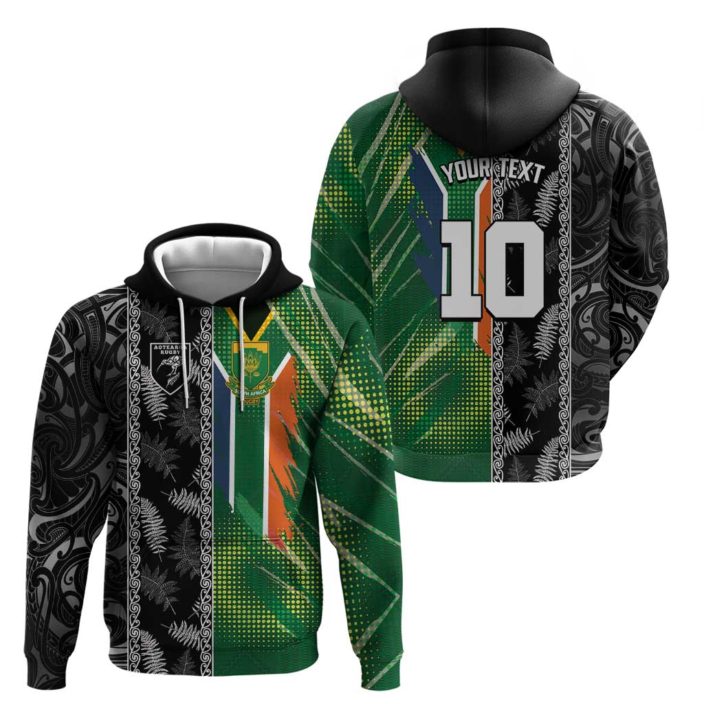 Custom Aotearoa South Africa Rugby Freedom Cup Hoodie Maori Silver Fern Art and Sporty Flag SA - Wonder Print Shop