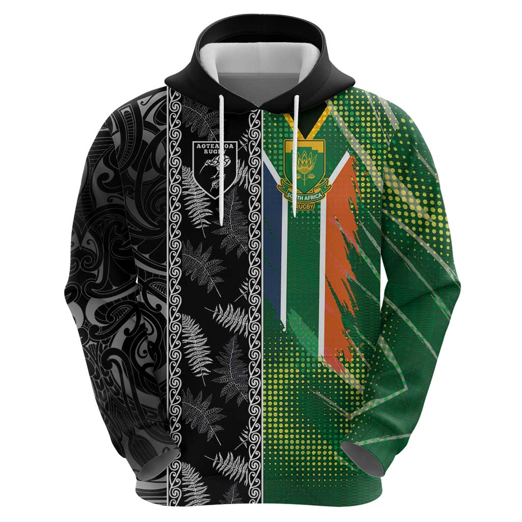 Custom Aotearoa South Africa Rugby Freedom Cup Hoodie Maori Silver Fern Art and Sporty Flag SA - Wonder Print Shop