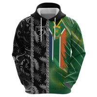 Custom Aotearoa South Africa Rugby Freedom Cup Hoodie Maori Silver Fern Art and Sporty Flag SA - Wonder Print Shop