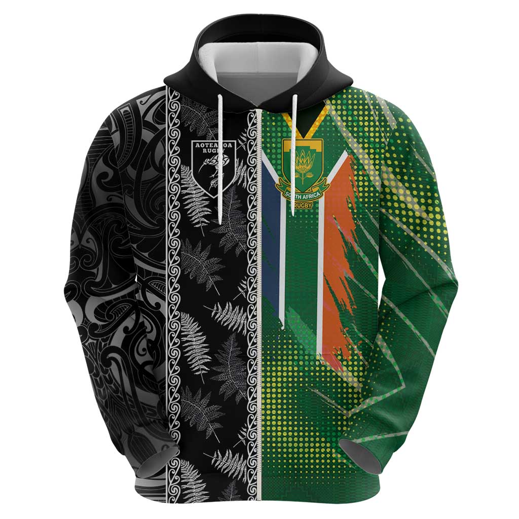 Custom Aotearoa South Africa Rugby Freedom Cup Hoodie Maori Silver Fern Art and Sporty Flag SA - Wonder Print Shop