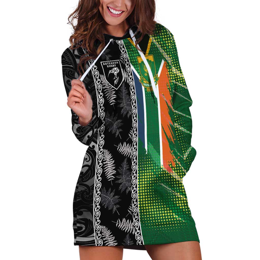 Custom Aotearoa South Africa Rugby Freedom Cup Hoodie Dress Maori Silver Fern Art and Sporty Flag SA - Wonder Print Shop