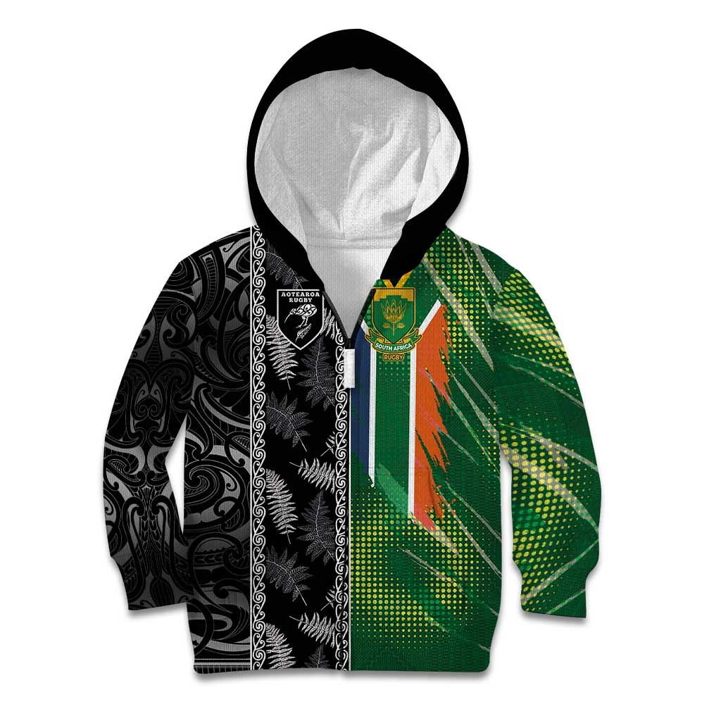 Custom Aotearoa South Africa Rugby Freedom Cup Kid Hoodie Maori Silver Fern Art and Sporty Flag SA - Wonder Print Shop