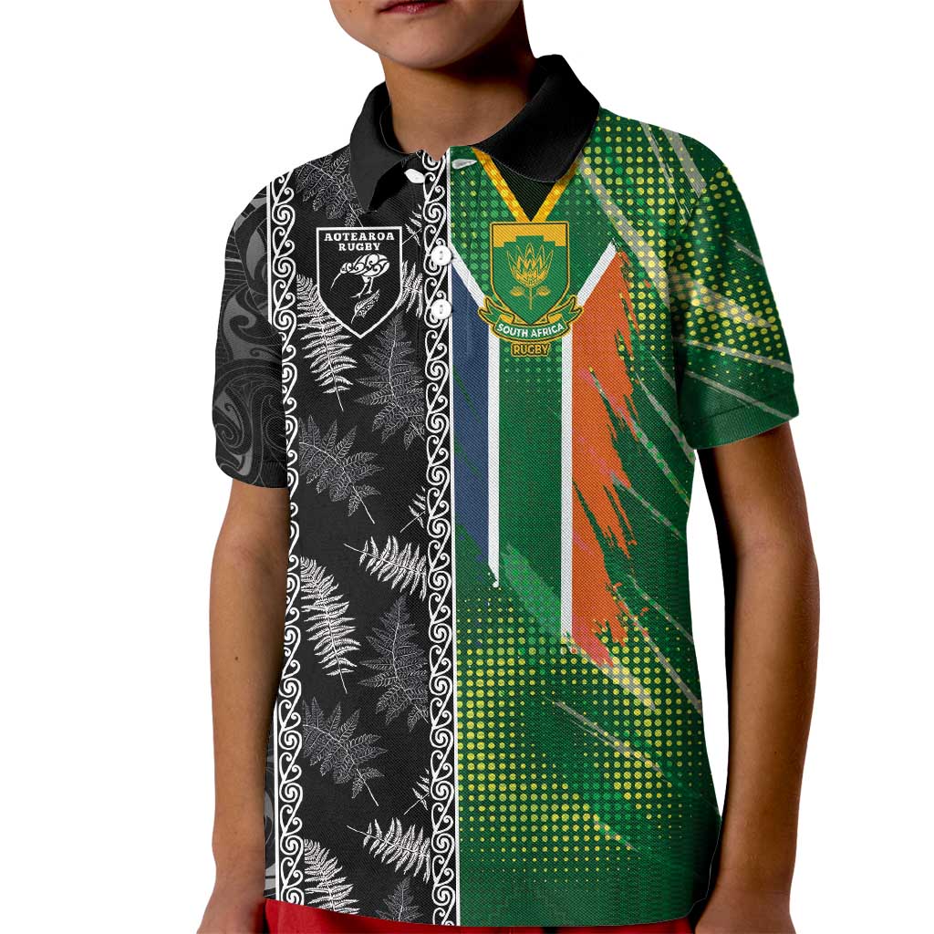 Custom Aotearoa South Africa Rugby Freedom Cup Kid Polo Shirt Maori Silver Fern Art and Sporty Flag SA - Wonder Print Shop