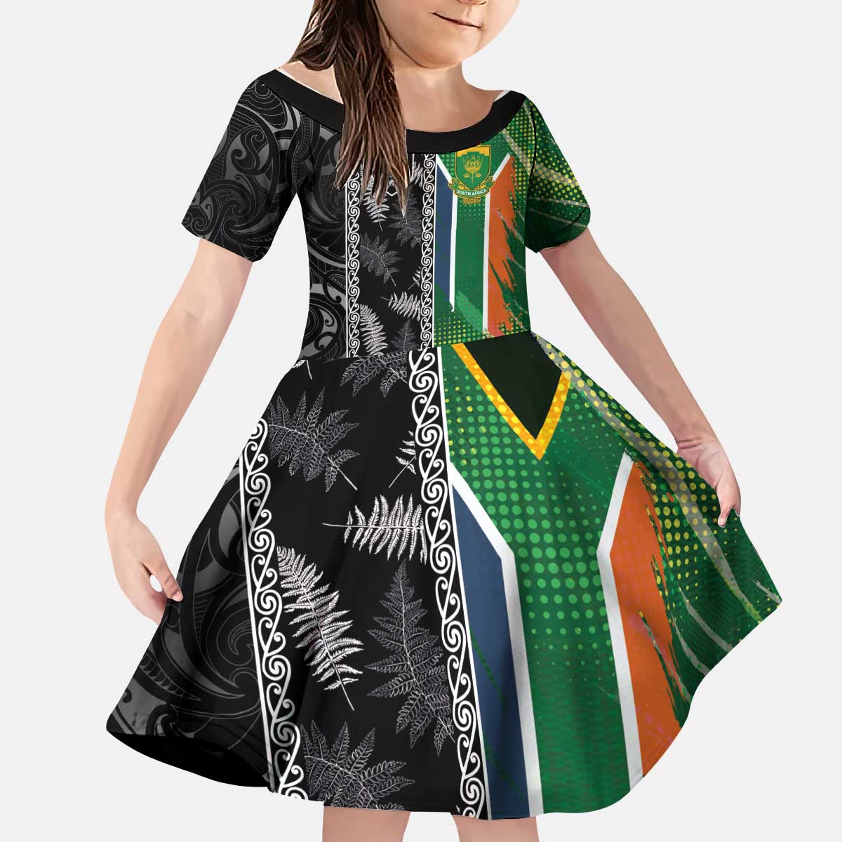 Custom Aotearoa South Africa Rugby Freedom Cup Kid Short Sleeve Dress Maori Silver Fern Art and Sporty Flag SA - Wonder Print Shop