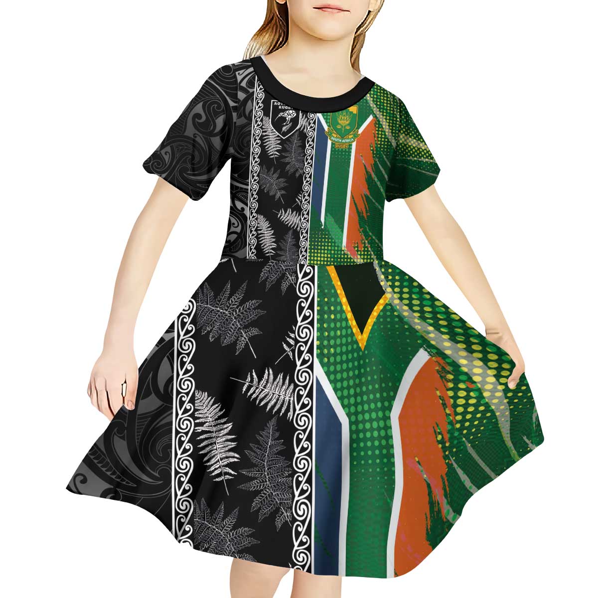 Custom Aotearoa South Africa Rugby Freedom Cup Kid Short Sleeve Dress Maori Silver Fern Art and Sporty Flag SA - Wonder Print Shop
