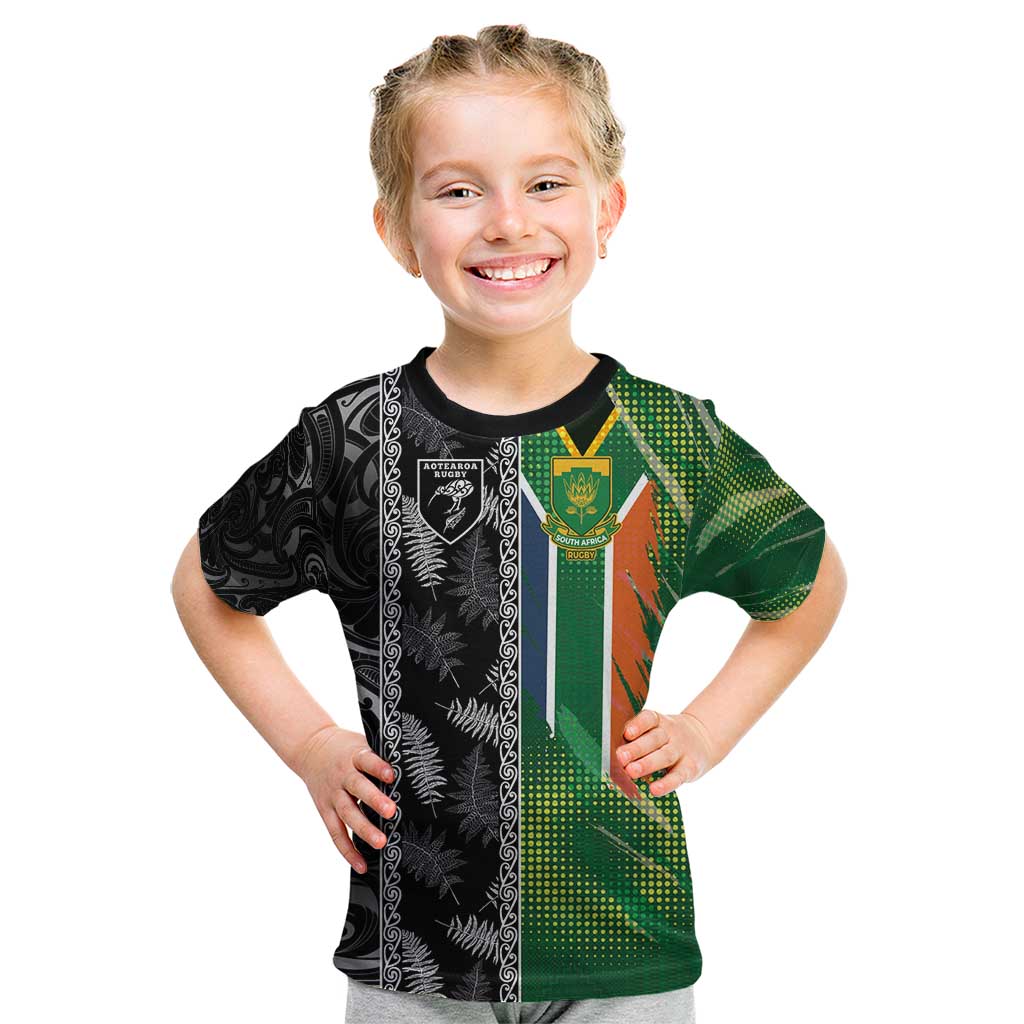Custom Aotearoa South Africa Rugby Freedom Cup Kid T Shirt Maori Silver Fern Art and Sporty Flag SA - Wonder Print Shop