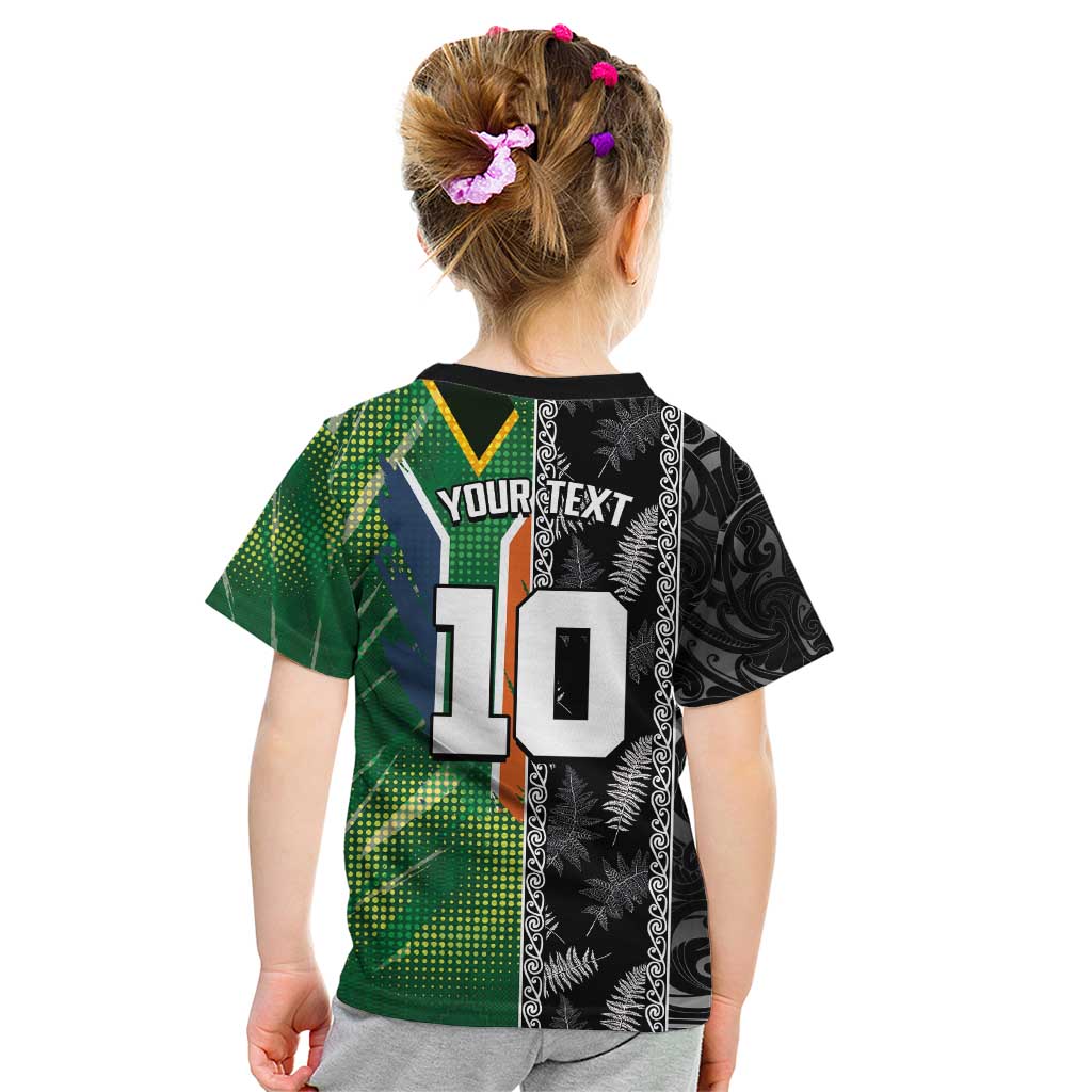 Custom Aotearoa South Africa Rugby Freedom Cup Kid T Shirt Maori Silver Fern Art and Sporty Flag SA - Wonder Print Shop