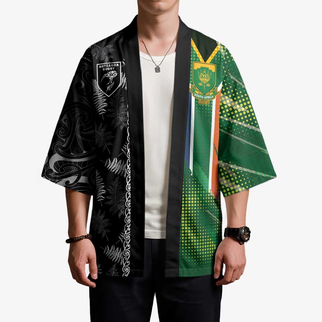 Custom Aotearoa South Africa Rugby Freedom Cup Kimono Maori Silver Fern Art and Sporty Flag SA - Wonder Print Shop