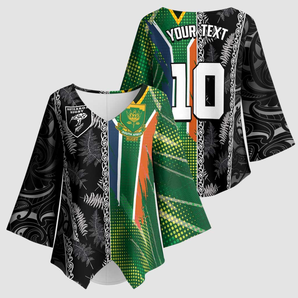 Custom Aotearoa South Africa Rugby Freedom Cup Kimono Sleeve Blouse Maori Silver Fern Art and Sporty Flag SA - Wonder Print Shop