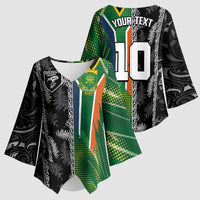Custom Aotearoa South Africa Rugby Freedom Cup Kimono Sleeve Blouse Maori Silver Fern Art and Sporty Flag SA - Wonder Print Shop