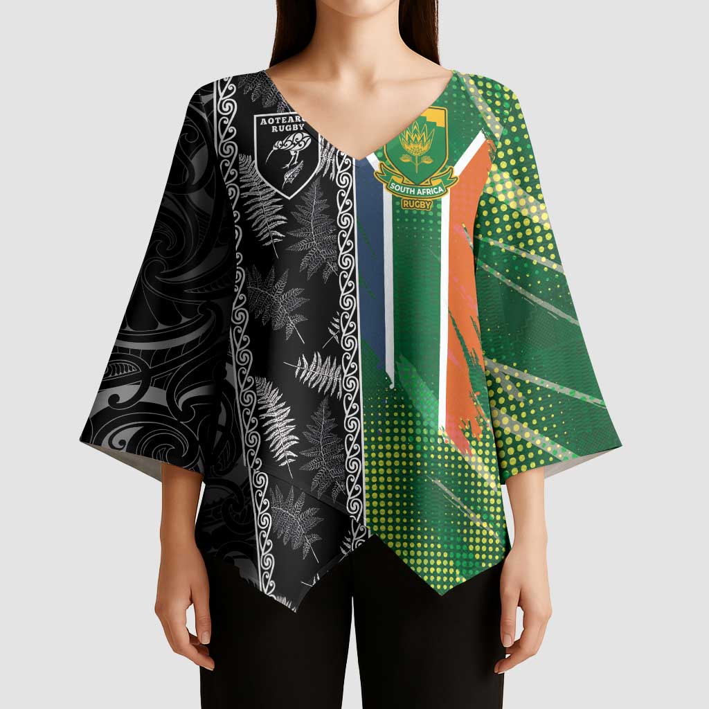 Custom Aotearoa South Africa Rugby Freedom Cup Kimono Sleeve Blouse Maori Silver Fern Art and Sporty Flag SA - Wonder Print Shop