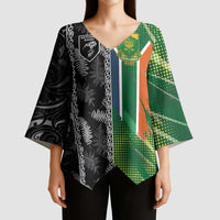 Custom Aotearoa South Africa Rugby Freedom Cup Kimono Sleeve Blouse Maori Silver Fern Art and Sporty Flag SA - Wonder Print Shop